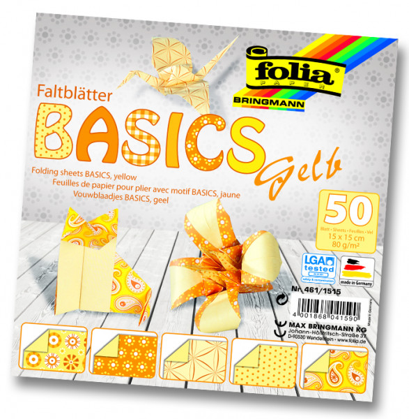 Faltblätter Basics, 15x15 cm, 50 Blatt, 80 g/m², 5 Designs, gelb
