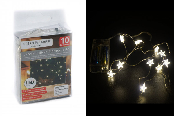 10er LED-Lichterkette Mikro Stern, batteriebetrieben, Warmweiß, silberfarbiger Draht
