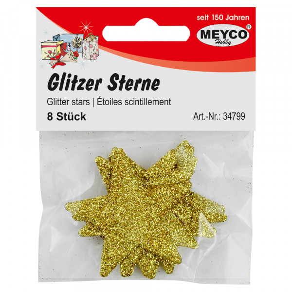 Glitzer-Sterne, 8 Stück, Ø 4,8 cm, gold