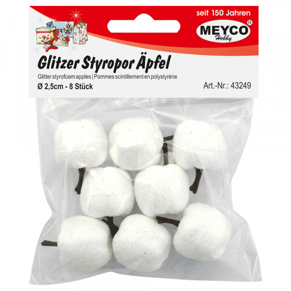 Glitzer-Styropor-Äpfel, weiß, 2,5cm, 8 Stk