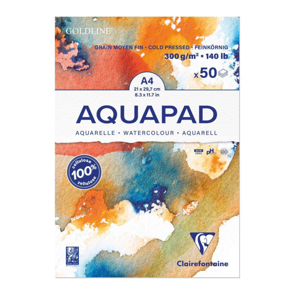 Aquarellblock Goldline Aquapad A4 geleimt, 50 Blatt weiß 300g, mittlere Körnung