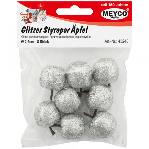 Glitzer-Styropor-Äpfel, silber, 2,5cm, 8 Stk