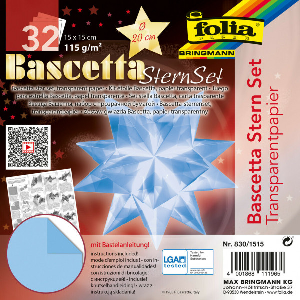Faltblätter Bascetta-Stern, 15 x 15 cm, Transparentpapier hellblau