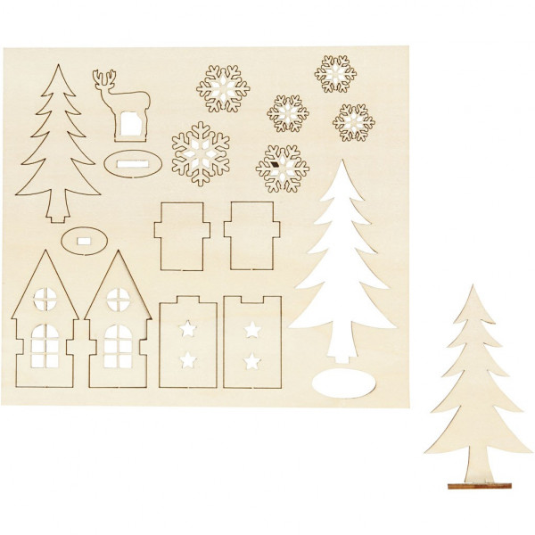 Holzfiguren zum Aufstellen, Haus, Baum, Hirsch und Schneeflocken