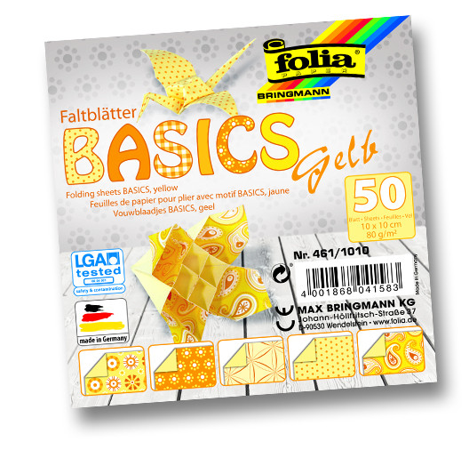 Faltblätter Basics, 10x10 cm, 50 Blatt, 80 g/m², 5 Designs, gelb