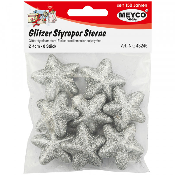 Glitzer-Styropor-Sterne, silber, 4cm, 8 Stk