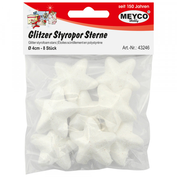 Glitzer-Styropor-Sterne, weiß, 4cm, 8 Stk