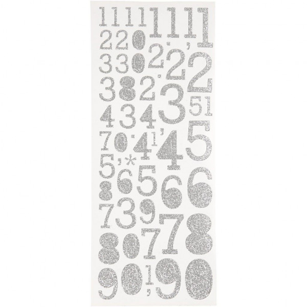Glitzer-Sticker, Blatt 10x24 cm, silber, Zahlen, 2Blatt
