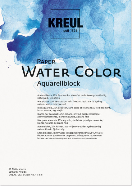 KREUL Aquarellpapier-Block, DIN A3, 200 g/qm, naturweiß, 10 Blatt