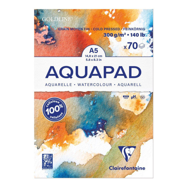 Aquarellblock Goldline Aquapad A5 geleimt, 70 Blatt weiß 300g, mittlere Körnung