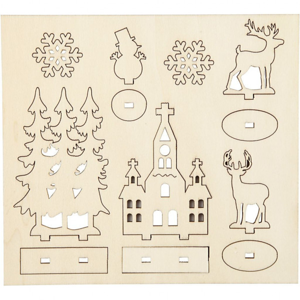 Zusammensteckbare Holzfiguren, Kirche, Weihnachtsbäume, Hirsche