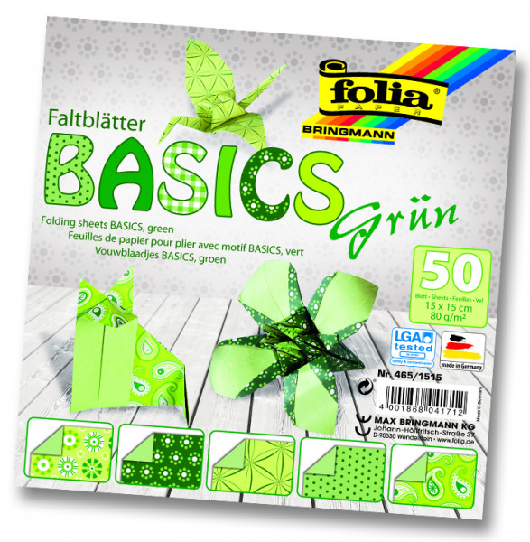 Faltblätter Basics, 15x15 cm, 50 Blatt, 80 g/m², 5 Designs, grün
