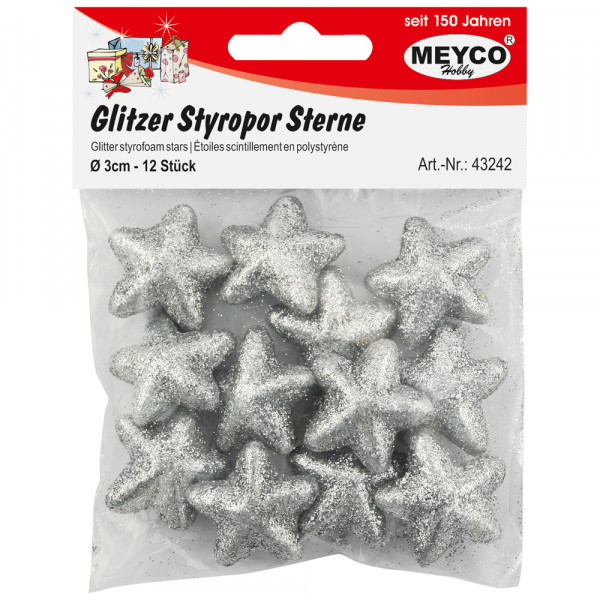 Glitzer-Styropor-Sterne, silber, 3cm, 12 Stk