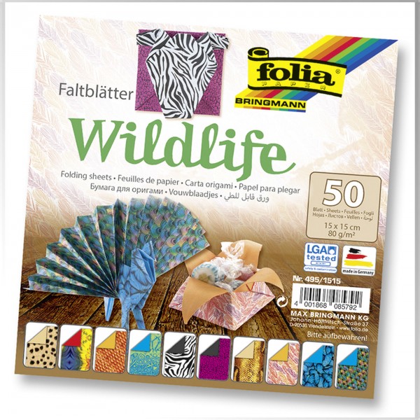 Faltblätter Wildlife, 15 x 15 cm, 10 Designs, 50 Stück