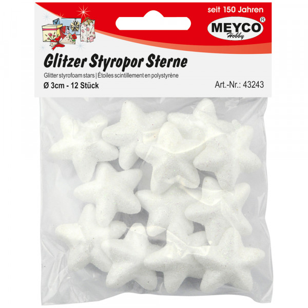 Glitzer-Styropor-Sterne, weiß, 3cm, 12 Stk