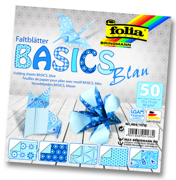 Faltblätter Basics, 15x15 cm, 50 Blatt, 80 g/m², 5 Designs, blau