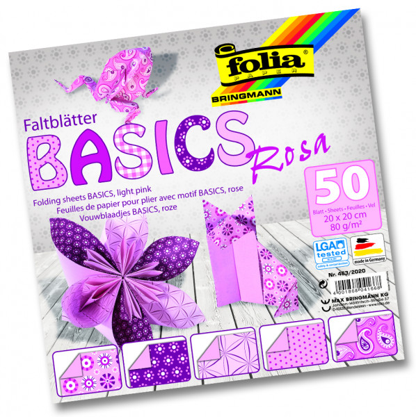 Faltblätter Basics, 20x20 cm, 50 Blatt, 80 g/m², 5 Designs, rosa