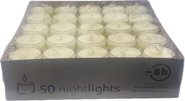 Teelichtkerzen, Wenzel Nightlights, 50 Stück creme-weiß, ca. 8 h Brenndauer