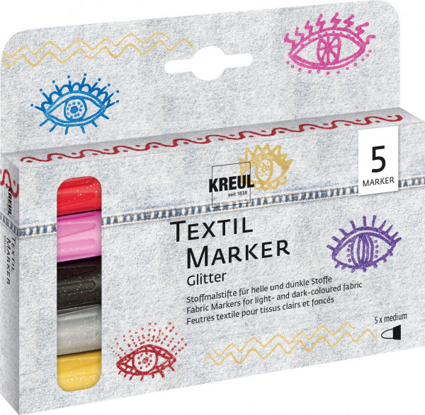 KREUL Textil Marker Glitter medium 5er Set