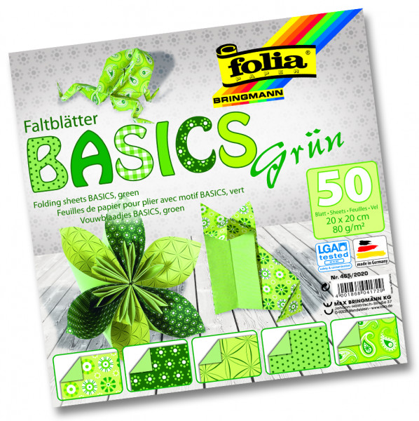 Faltblätter Basics, 20x20 cm, 50 Blatt, 80 g/m², 5 Designs, grün