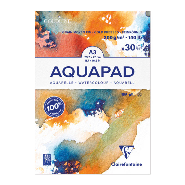 Aquarellblock Goldline Aquapad A3 geleimt, 30 Blatt weiß 300g, mittlere Körnung